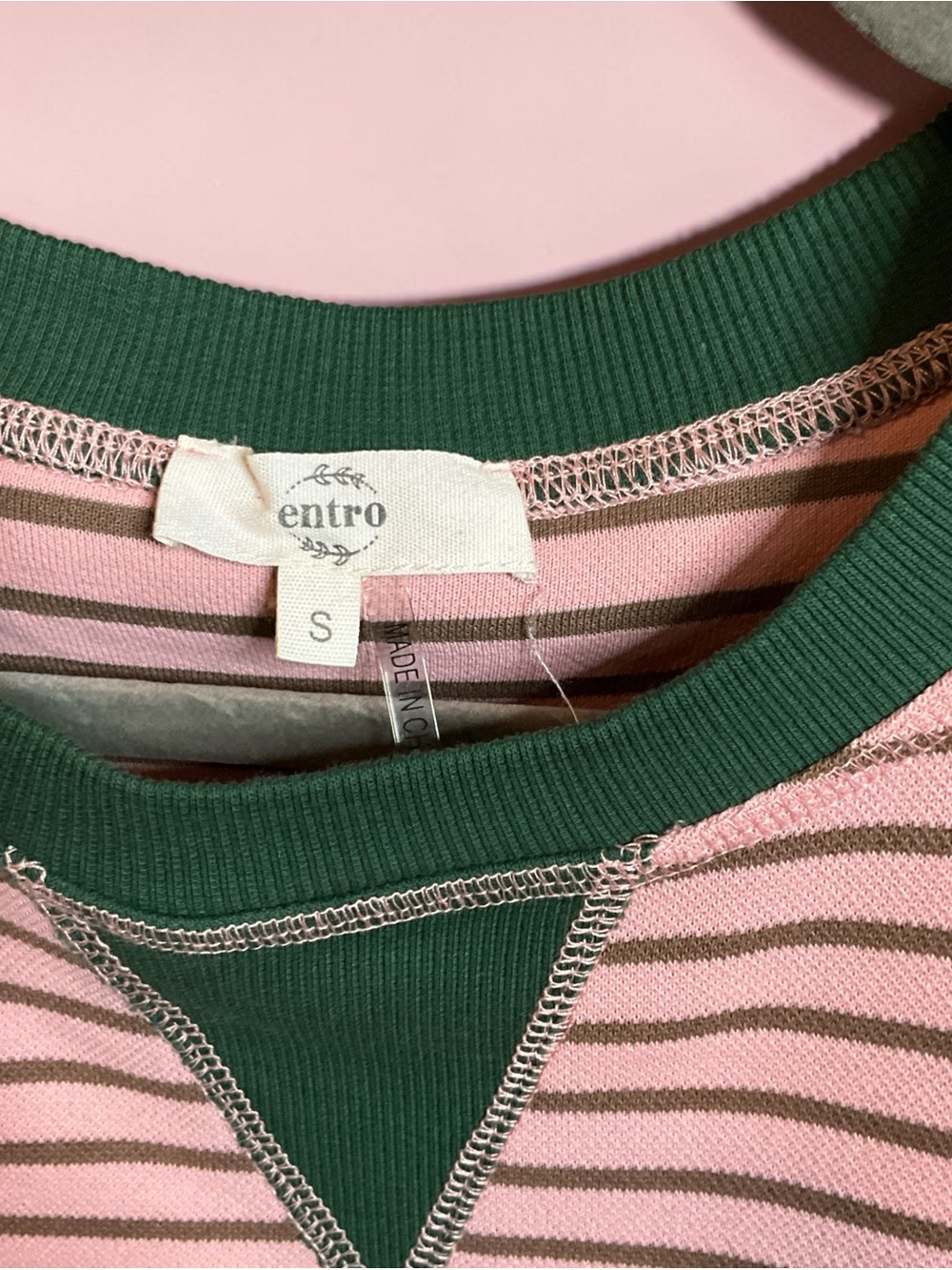 entro Pink Striped Sweatshirt with Forest Green Trim, size S - Picture 5 of 5